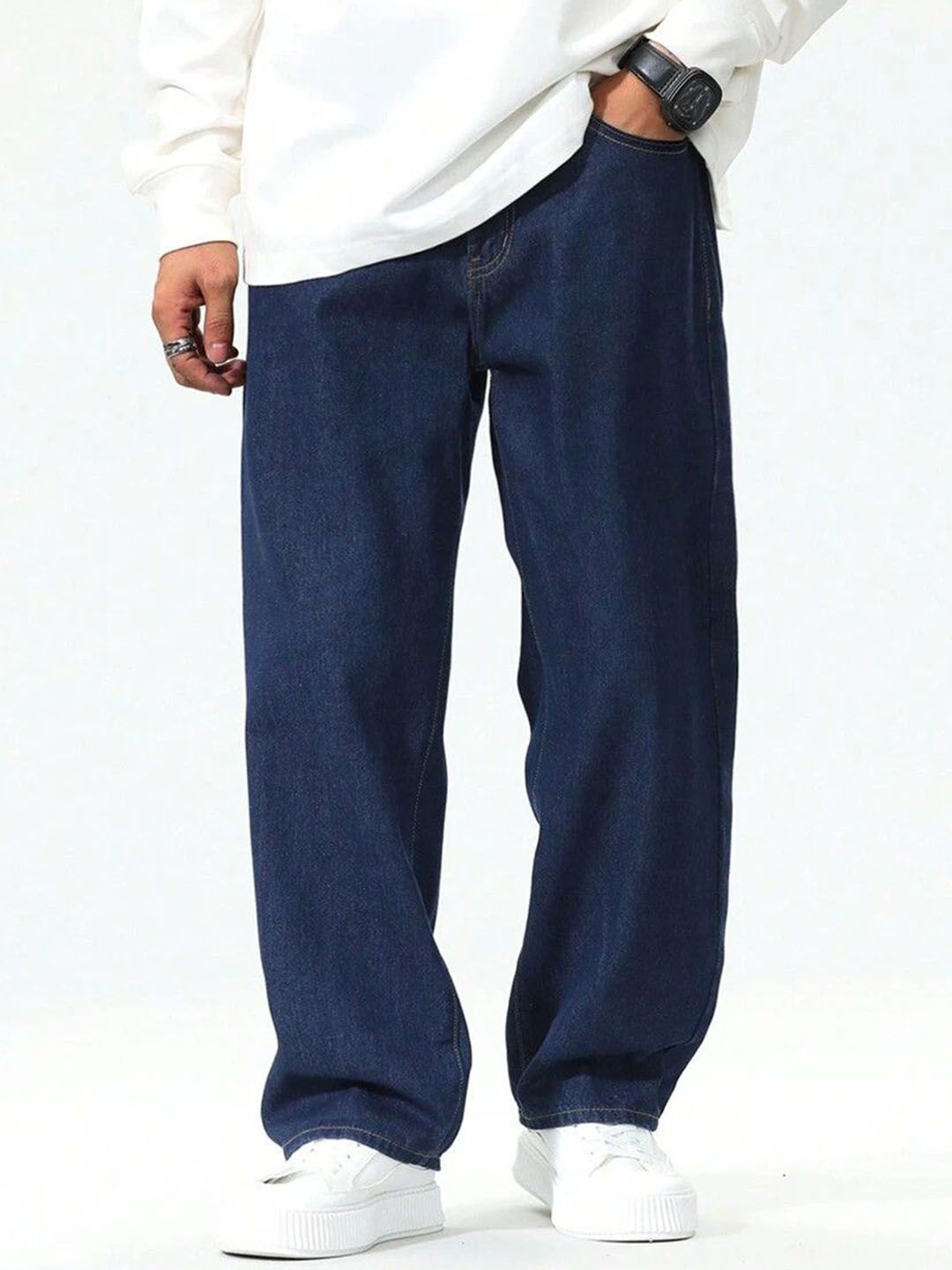 Men Loose Fit Mid Rise Dark Blue Jeans