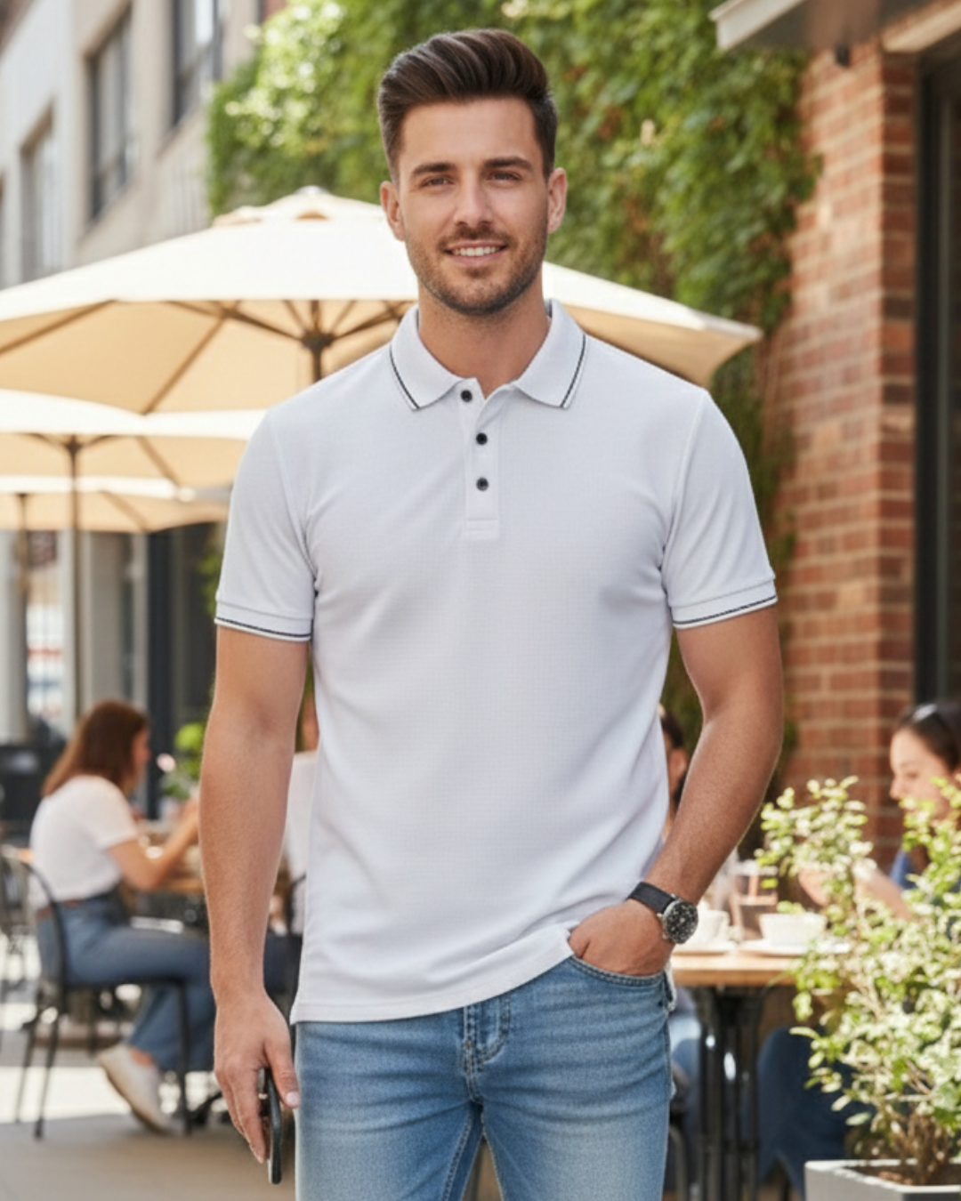 Men White Solid Polo Neck T-shirt