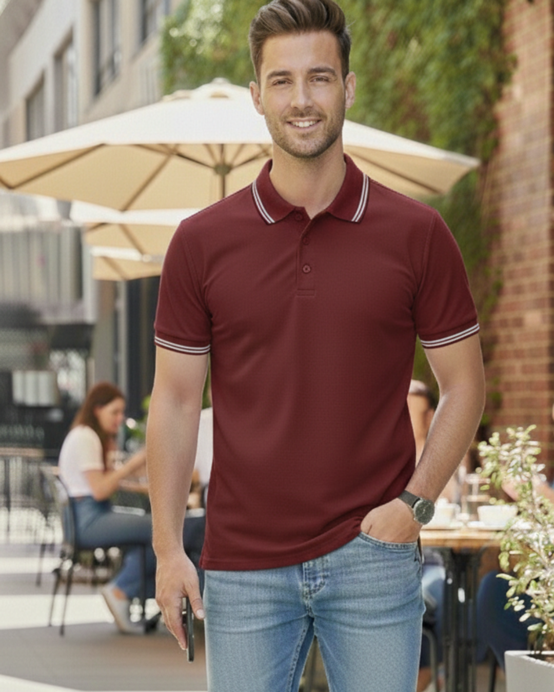 Men Maroon Solid Polo Neck T-shirt