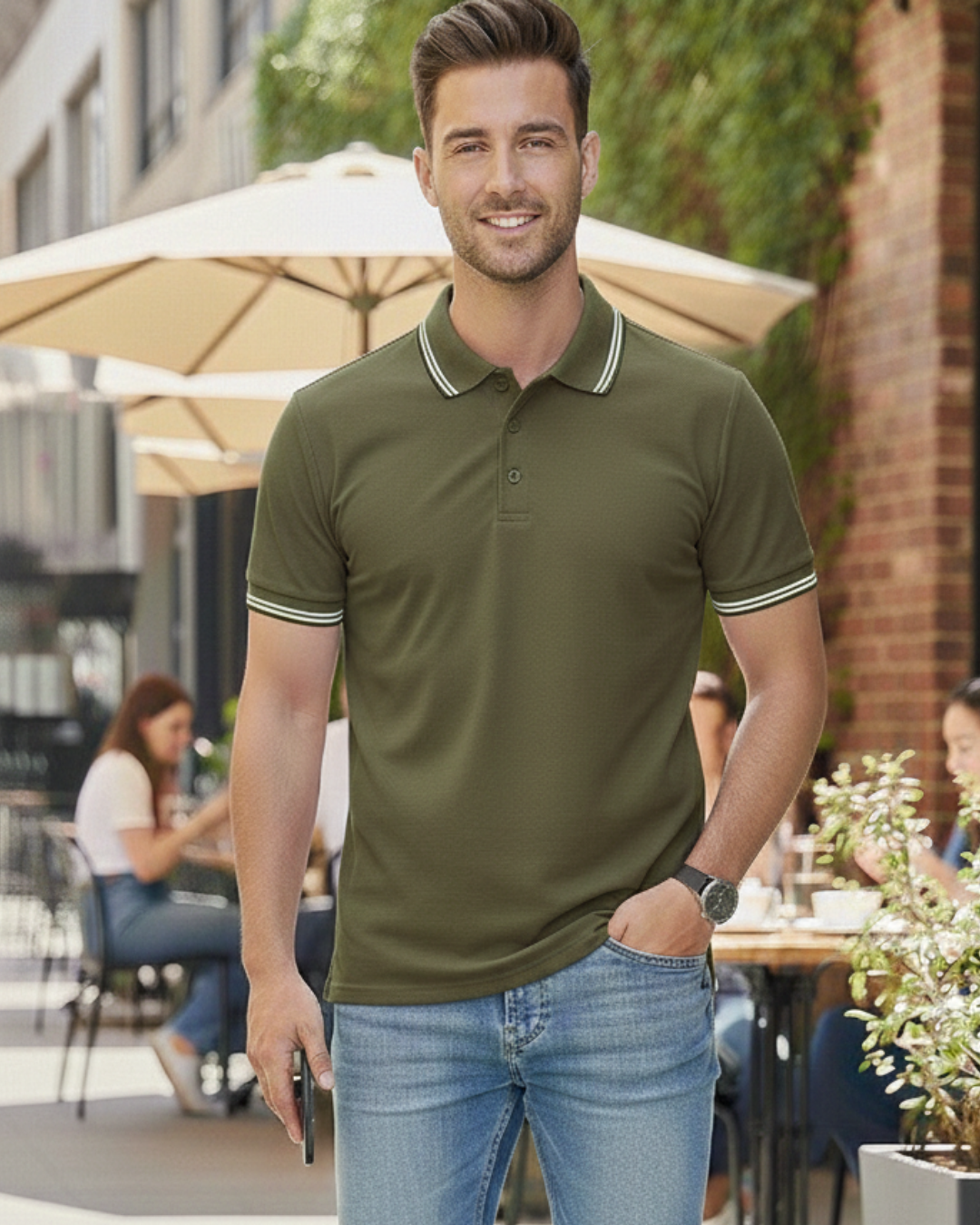 Men Olive Green Solid Polo Neck T-shirt
