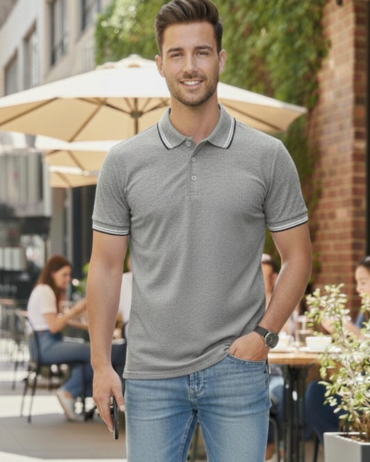 Men Grey Melange Solid Polo Neck T-shirt