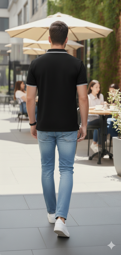 Men Black Solid Polo Neck T-shirt