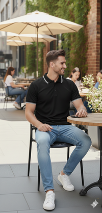 Men Black Solid Polo Neck T-shirt