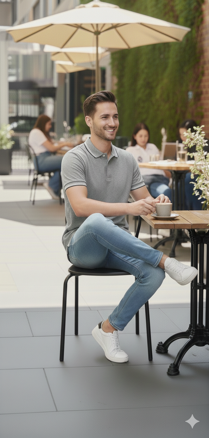 Men Grey Melange Solid Polo Neck T-shirt