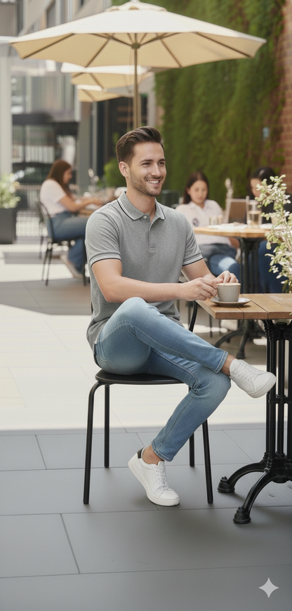 Men Grey Melange Solid Polo Neck T-shirt