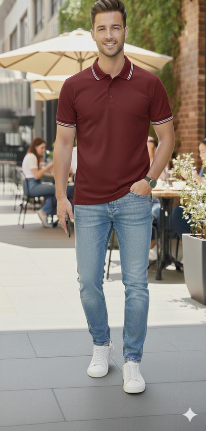 Men Maroon Solid Polo Neck T-shirt