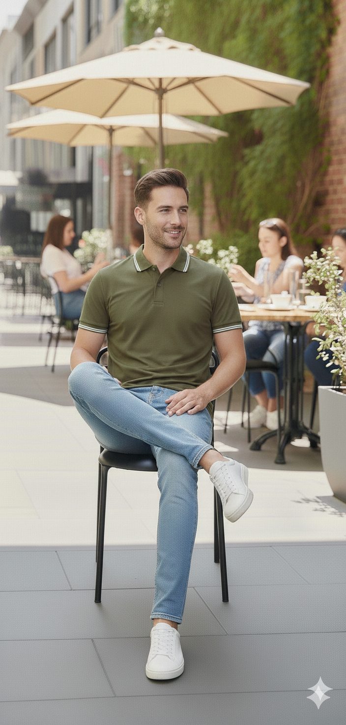 Men Olive Green Solid Polo Neck T-shirt