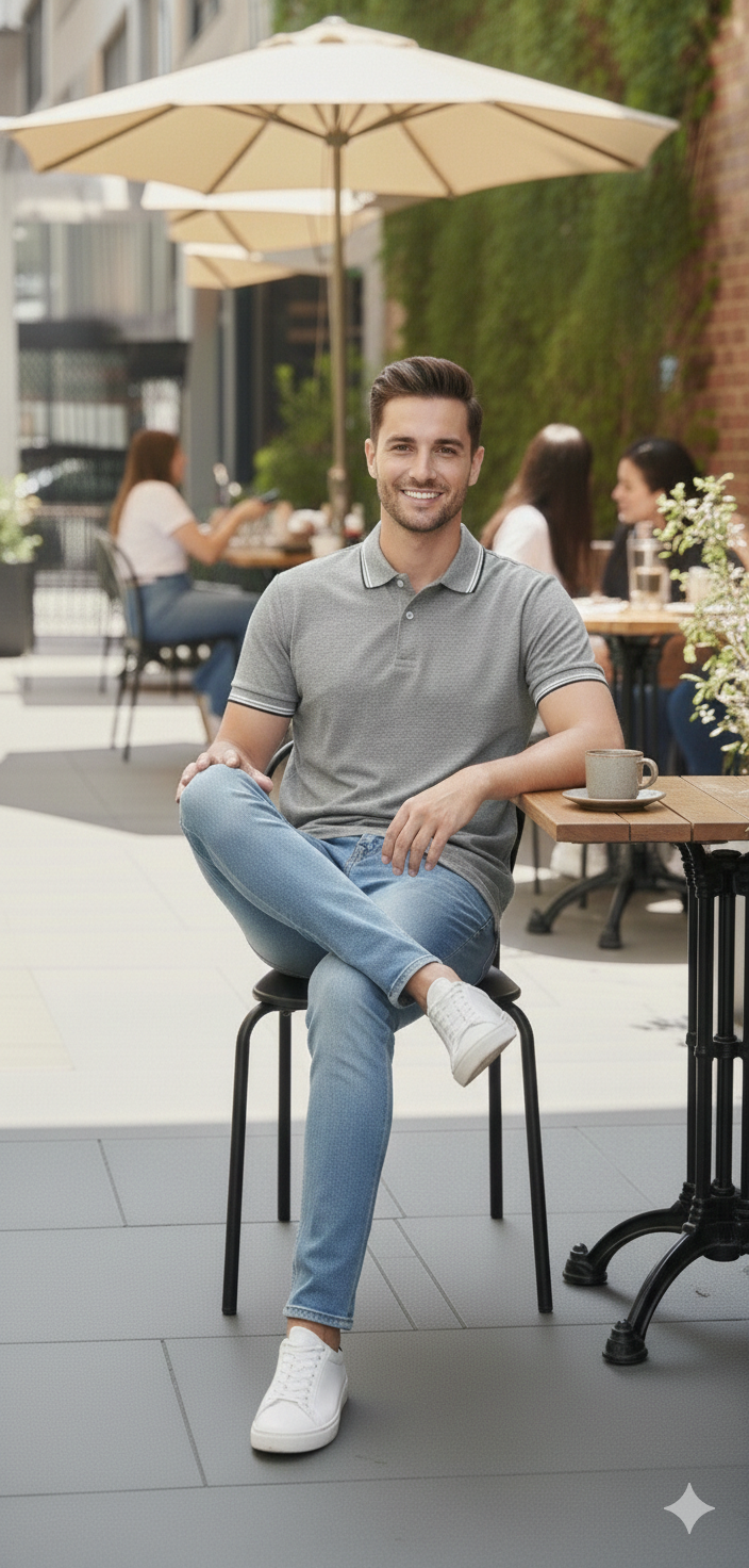 Men Grey Melange Solid Polo Neck T-shirt