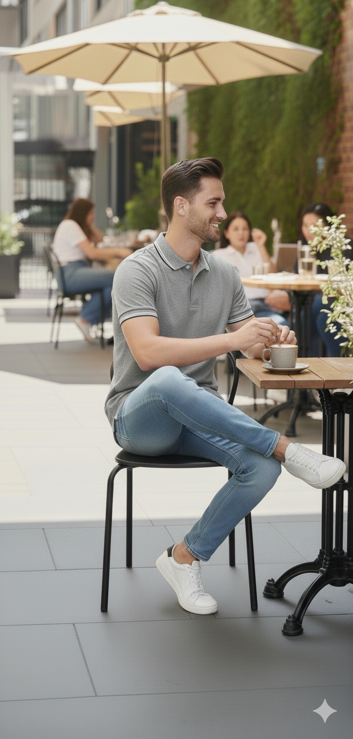 Men Grey Melange Solid Polo Neck T-shirt