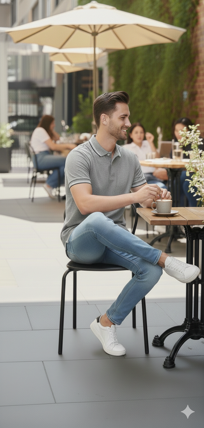 Men Grey Melange Solid Polo Neck T-shirt