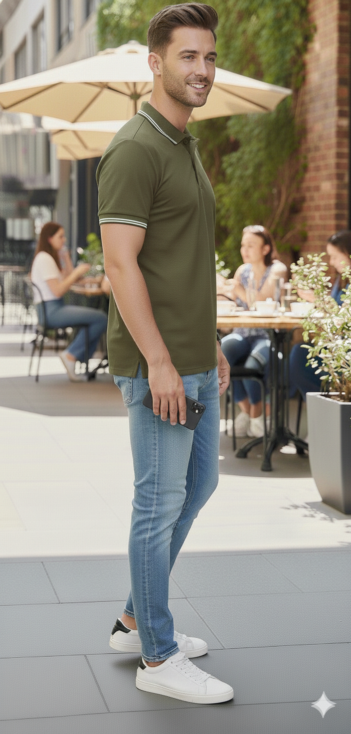 Men Olive Green Solid Polo Neck T-shirt