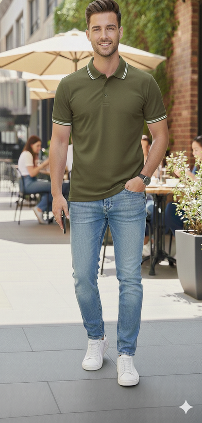 Men Olive Green Solid Polo Neck T-shirt