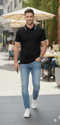 Men Black Solid Polo Neck T-shirt