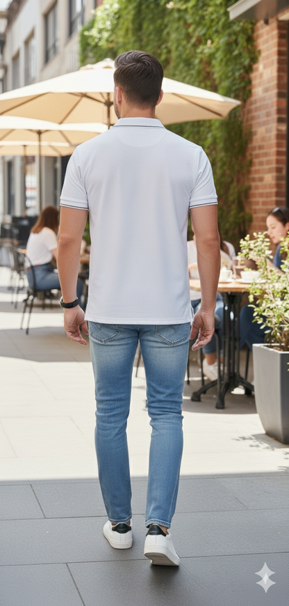 Men White Solid Polo Neck T-shirt