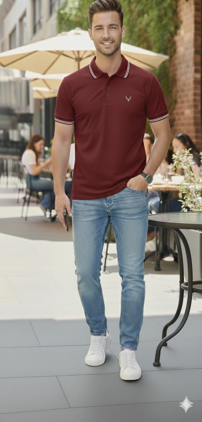 Men Maroon Solid Polo Neck T-shirt