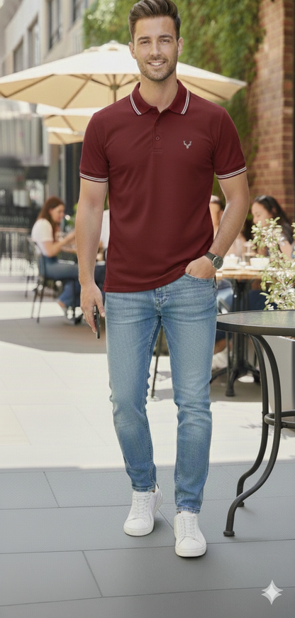 Men Maroon Solid Polo Neck T-shirt