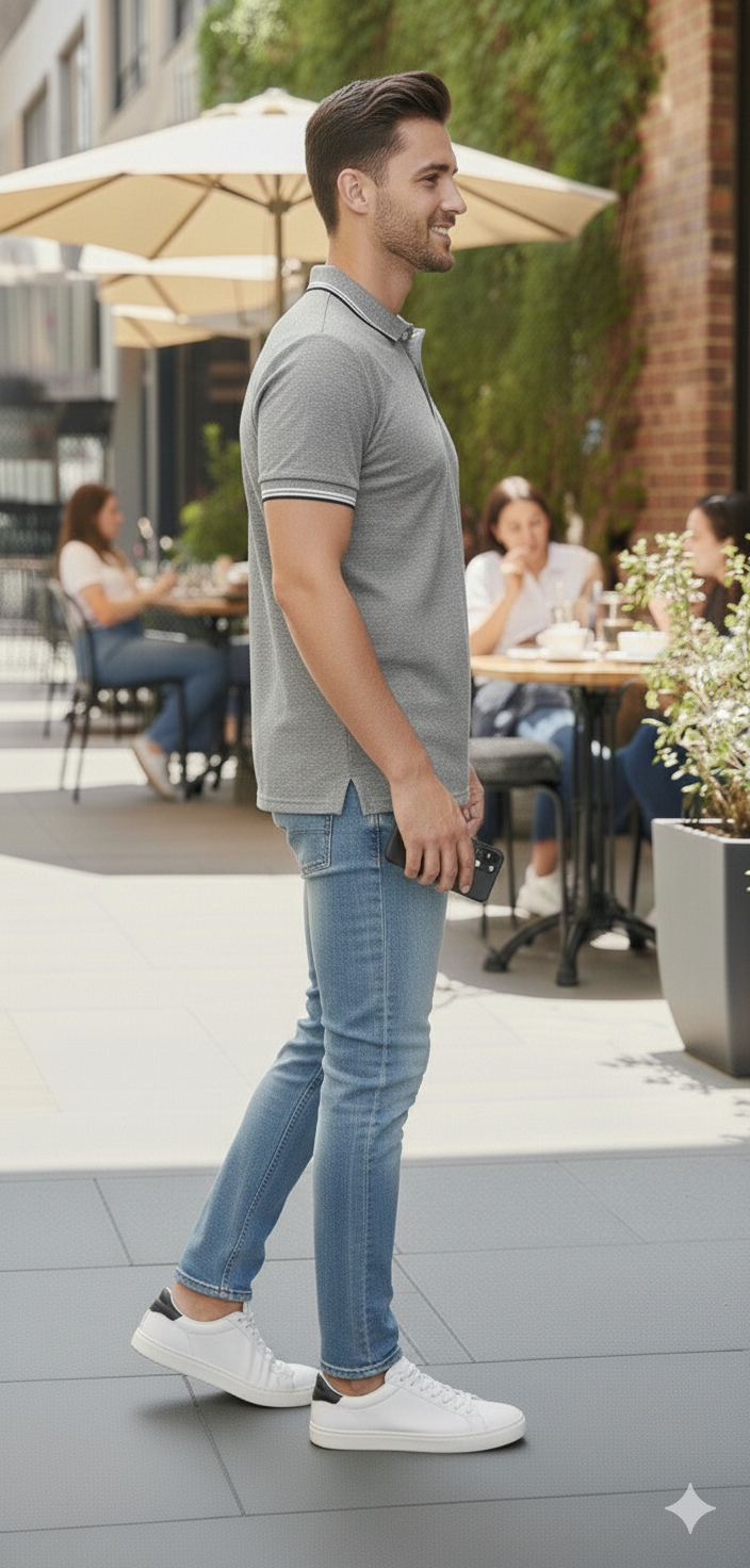 Men Grey Melange Solid Polo Neck T-shirt