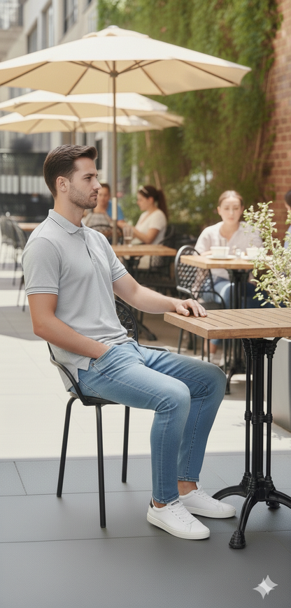 Men Light Grey Solid Polo Neck T-shirt