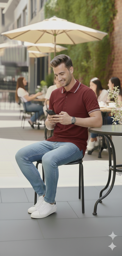 Men Maroon Solid Polo Neck T-shirt