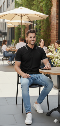 Men Black Solid Polo Neck T-shirt