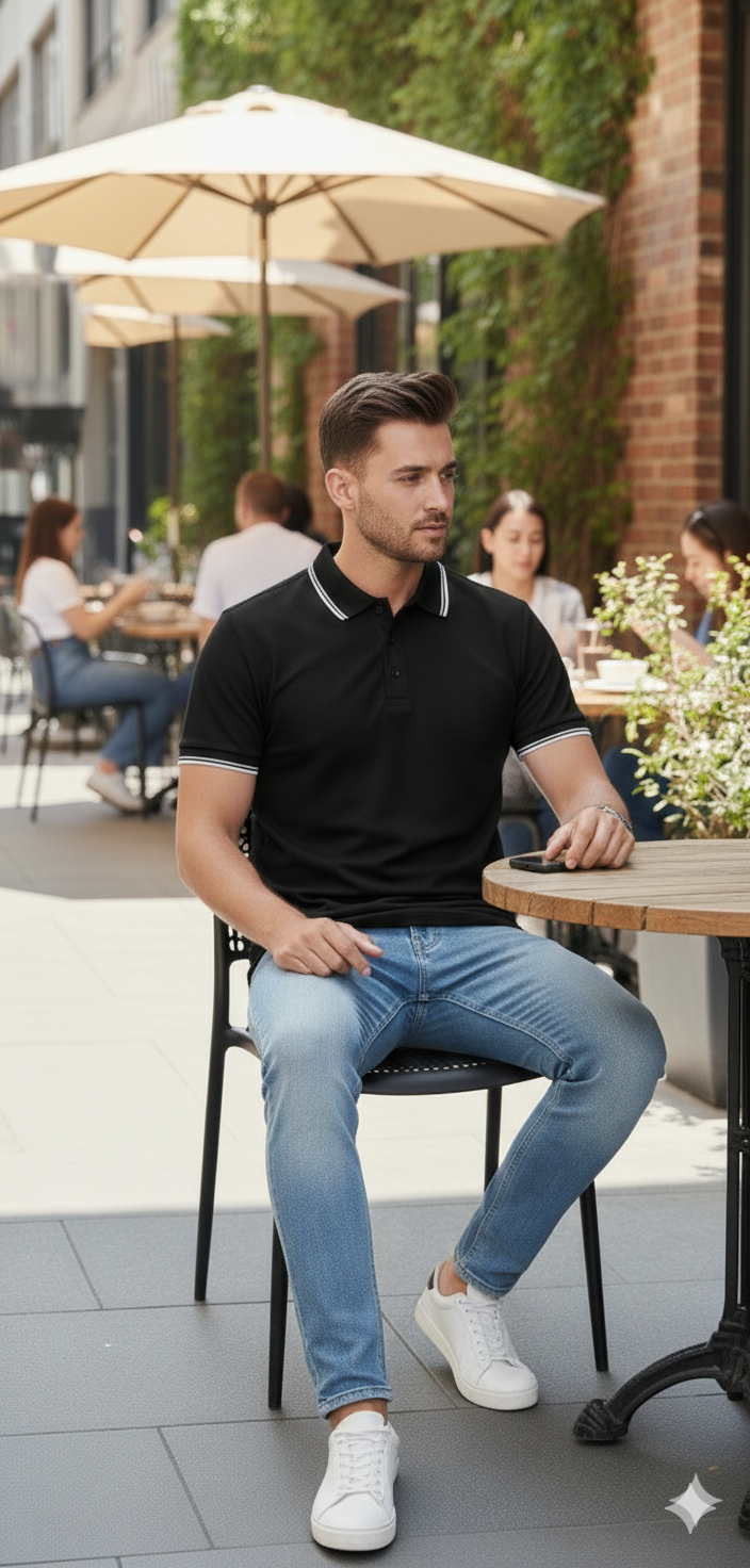 Men Black Solid Polo Neck T-shirt