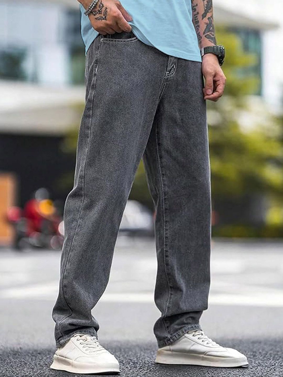 Men Straight Fit Mid Rise Grey Jeans